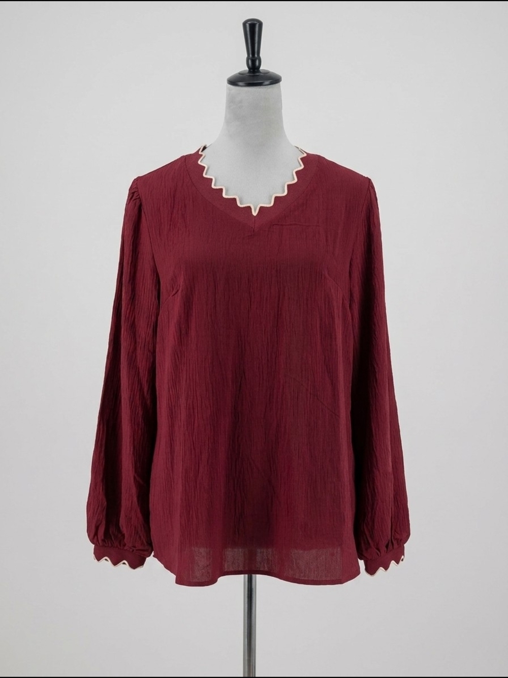 Women’s Burgundy V-Neck‎ Long-Sleeve Tunic with Scalloped Trim